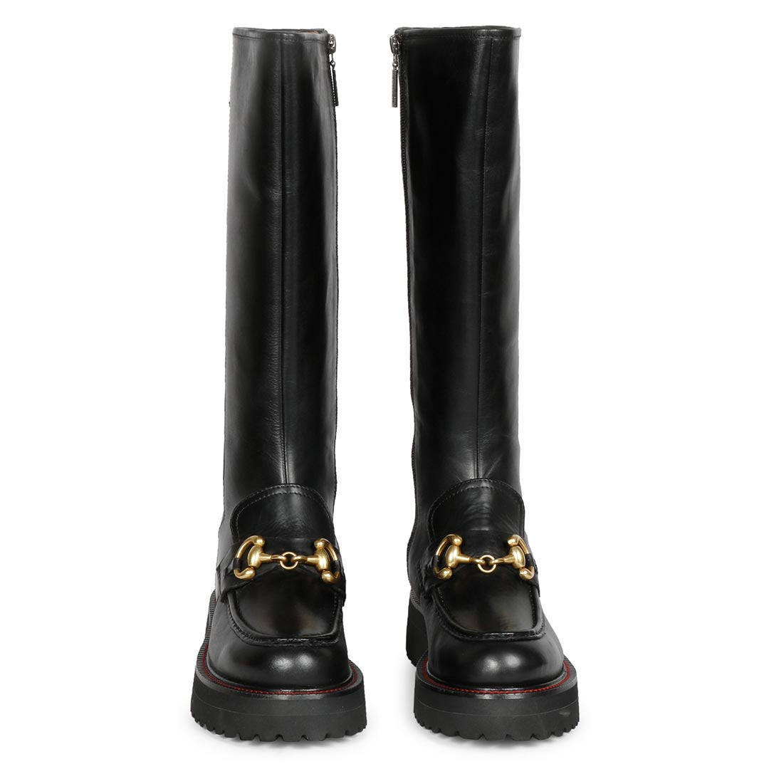 Saint Noble Black Leather Horse Bit Décor Long Boots – SaintG India