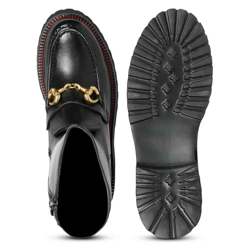 Saint Noble Horse Bit Décor Boots in Sleek Black Leather