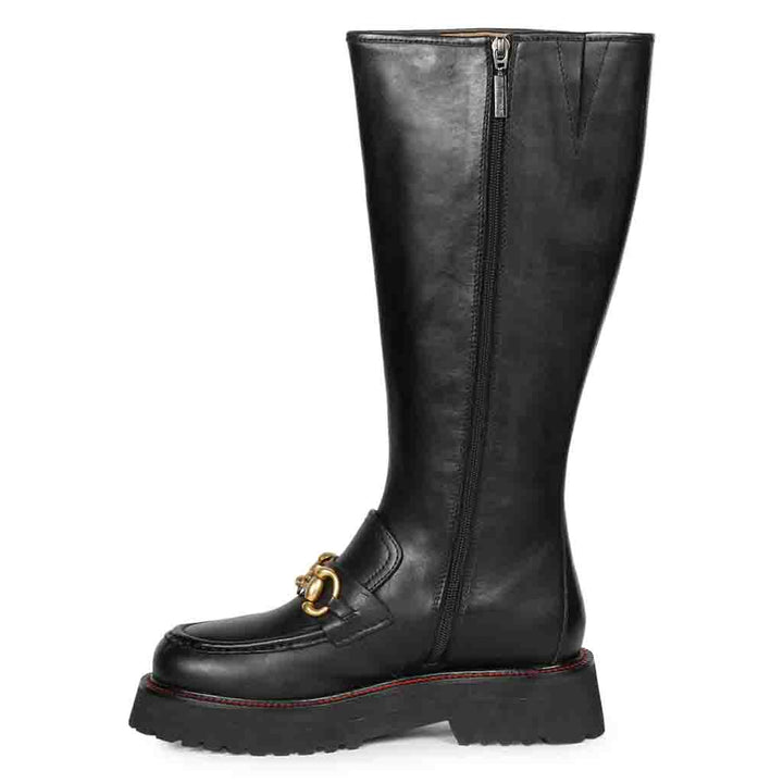 Saint Noble Black Leather Horse Bit Décor Long Boots