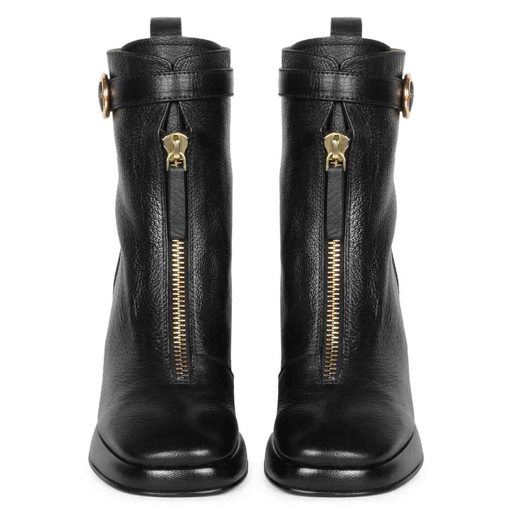 Saint Henriette Black Leather Front Zipper High Ankle Boots