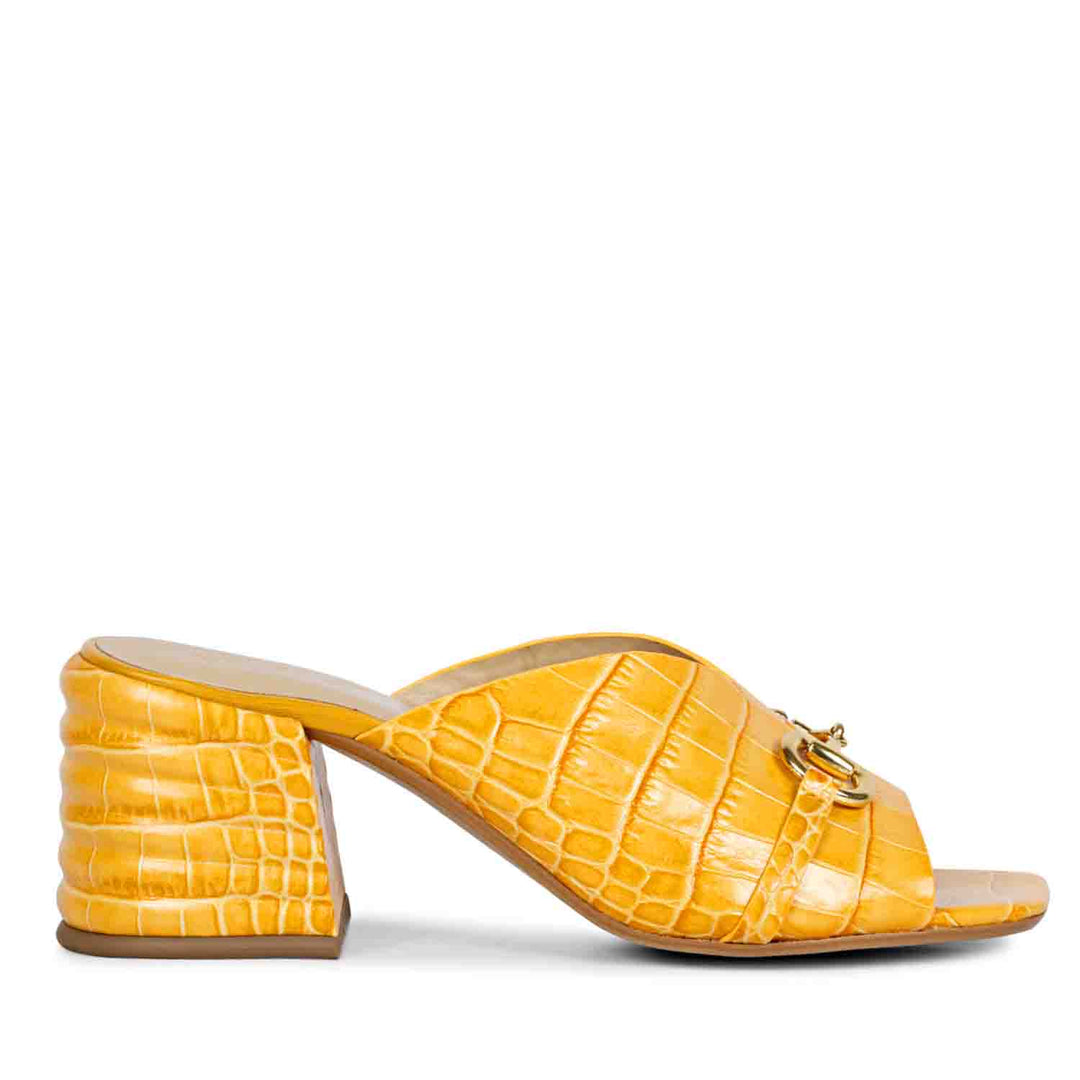 Saint Brianna Yellow Embossed Leather Block Heel Mules.