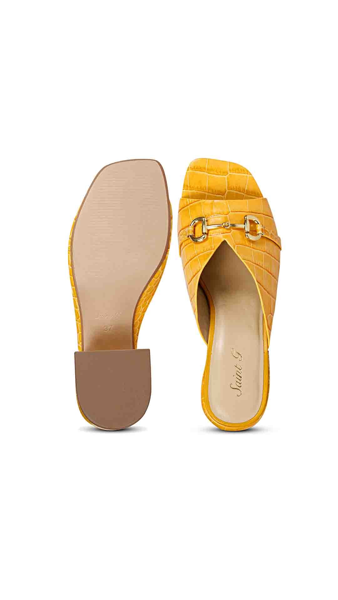 Saint Brianna Yellow Embossed Leather Block Heel Mules