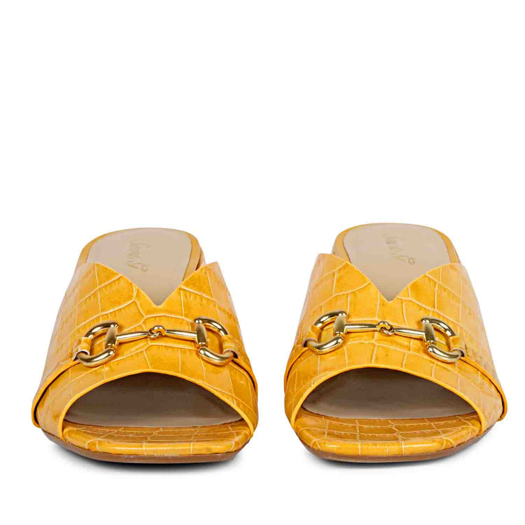 Saint Brianna Yellow Embossed Leather Block Heel Mules
