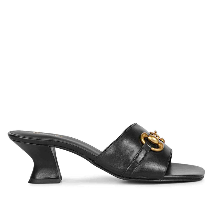 Sleek elegance: Saint Bianca Black Leather Gold Horsebit Mid Heels - perfect blend of style and comfort for every occasion.