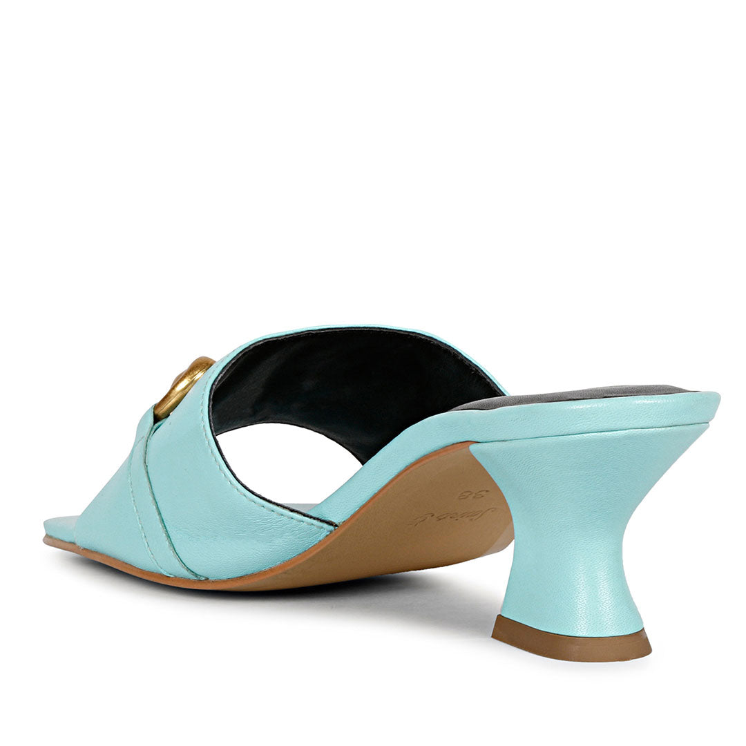 Sophisticated elegance: Saint Bianca Sky Blue Leather Gold Horsebit Sculpted Mid Heels, a perfect blend of style and comfort