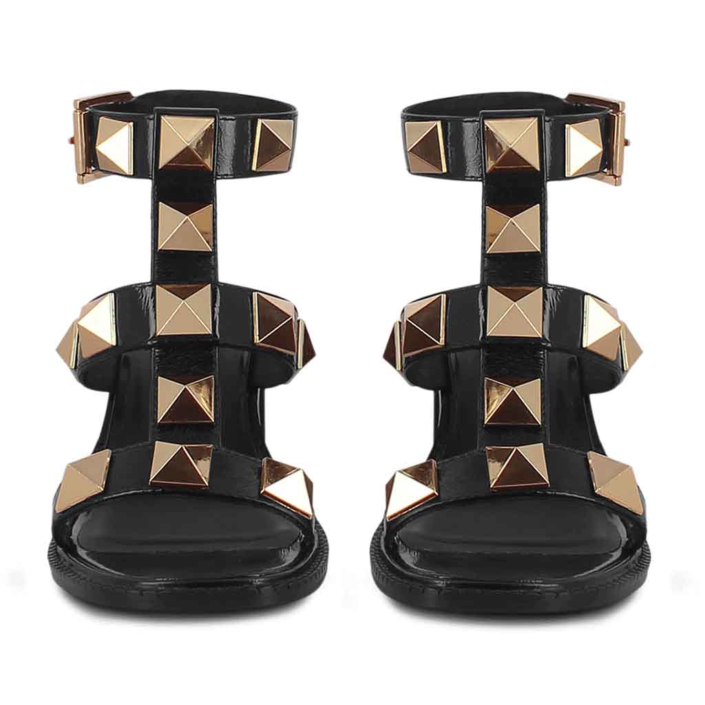 Metal Studded Black Block Heel Sandals