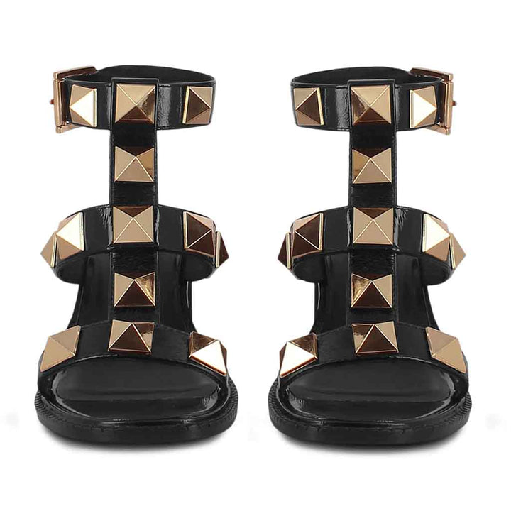 Metal Studded Black Block Heel Sandals