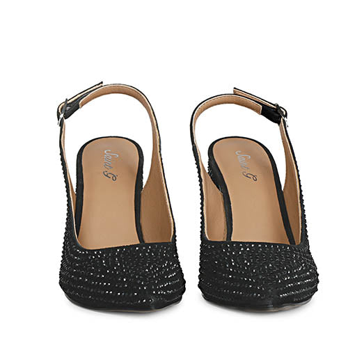 Elegant black leather heels with Alyssa crystal accents