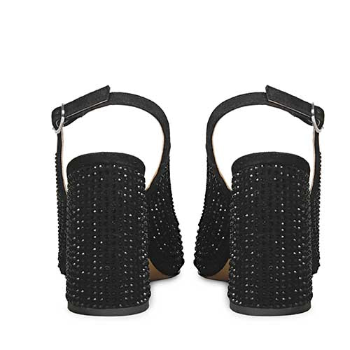 Elegant black leather heels with Alyssa crystal accents