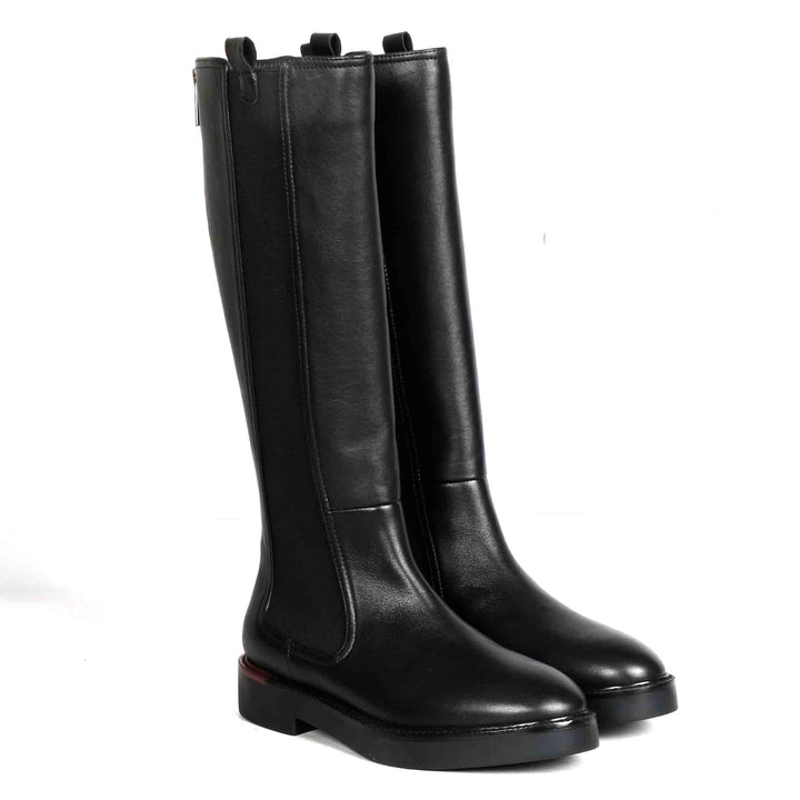 Saint Pietro Black Leather Elasticated Back Zipper Long Boots
