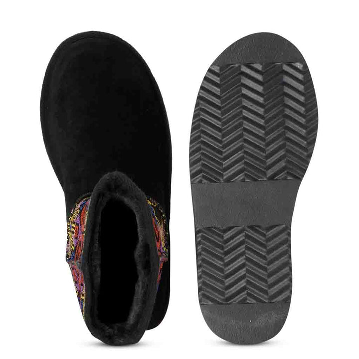 Saint Elaine Multi Embroidered Black Suede Snug Boots