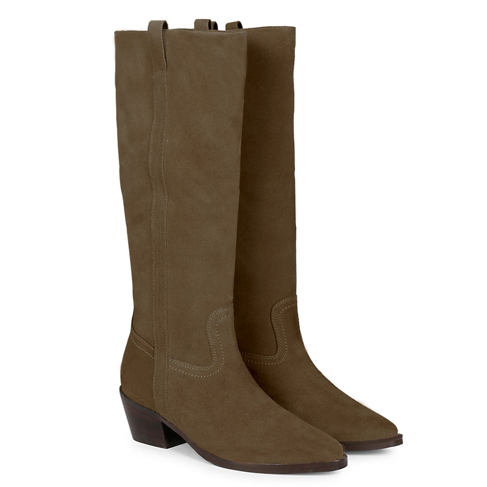 Chic Beige Suede Knee Boots - Saint Diane's pull-on design ensures comfort and style in genuine leather