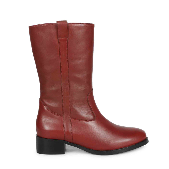 Burgundy Leather Pull On Calf Boots for women