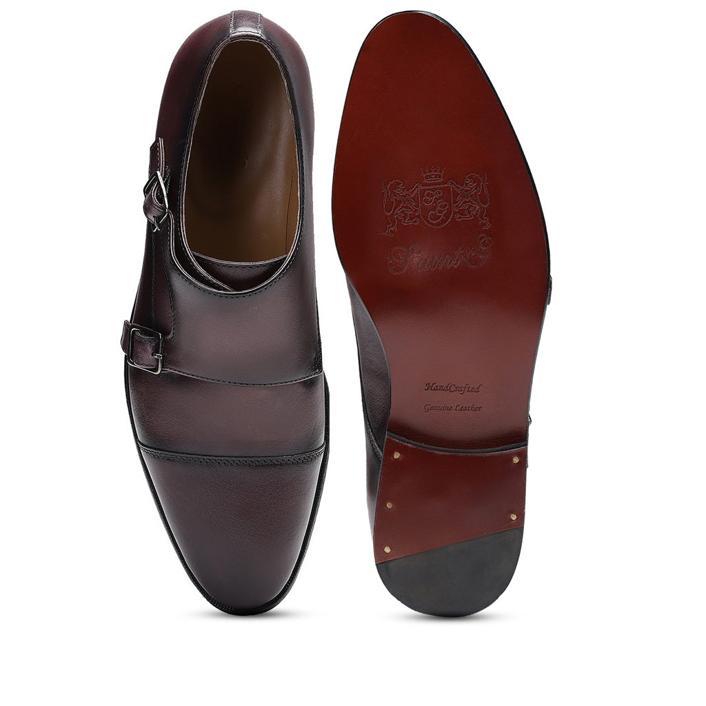 Saint Alboin Two Color Toned Red Leather Double Buckled Monk Strap Shoes - SaintG