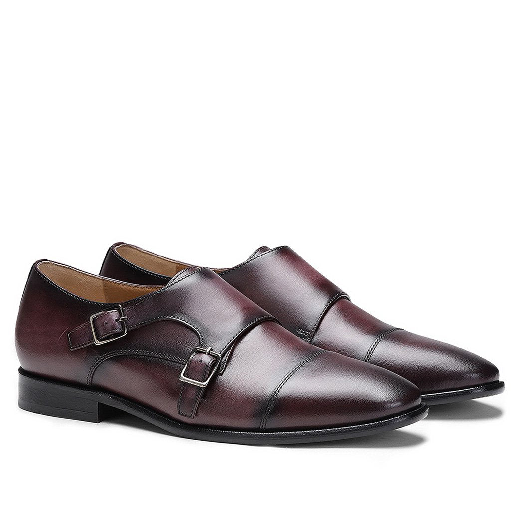 Saint Alboin Two Color Toned Red Leather Double Buckled Monk Strap Shoes - SaintG