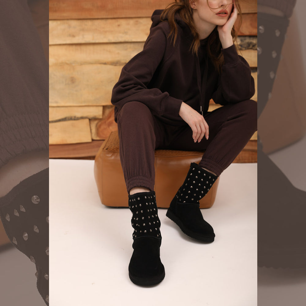 Chic and edgy Saint Estrella Metal Studded Black Suede Snug Boots – your stylish statement for a bold and comfortable stride