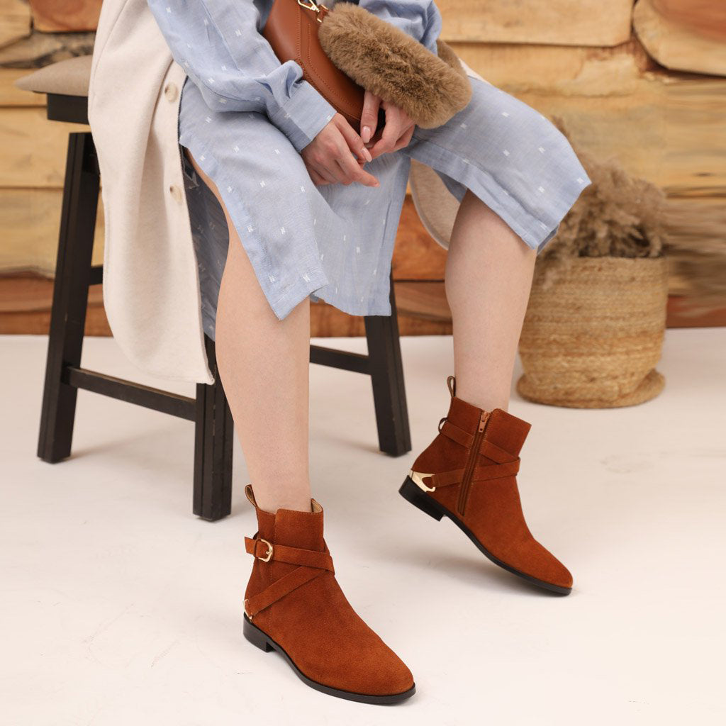Saint Cathie Buckle Decor Tan Leather Ankle Boots
