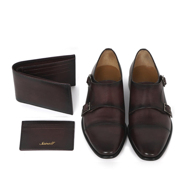 Saint Alboin Two Color Toned Red Leather Double Buckled Monk Strap Bespoke Set - SaintG India