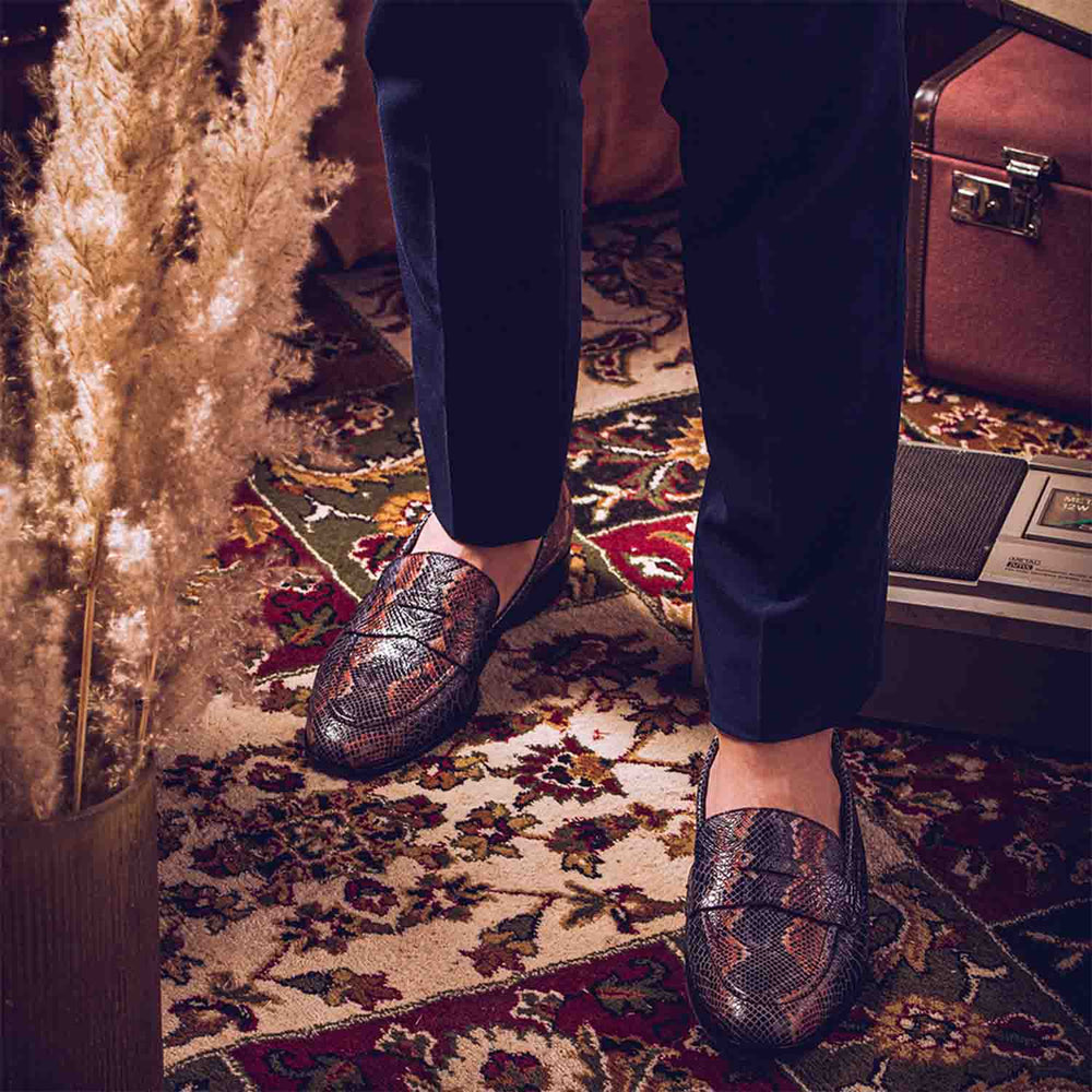 Blue Snake Print Leather Loafers for mens