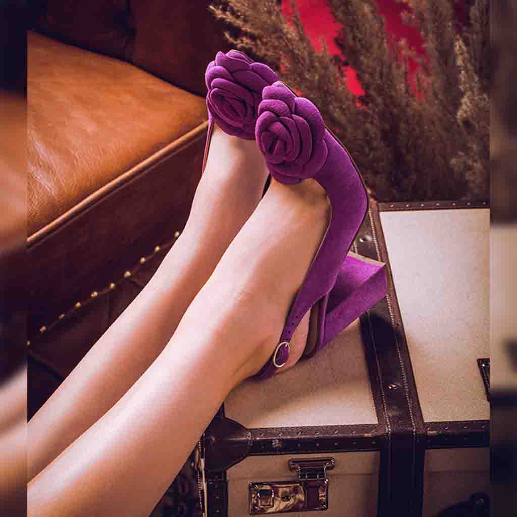 Saint Naiya Flower Embellished Purple Suede Leather Heels