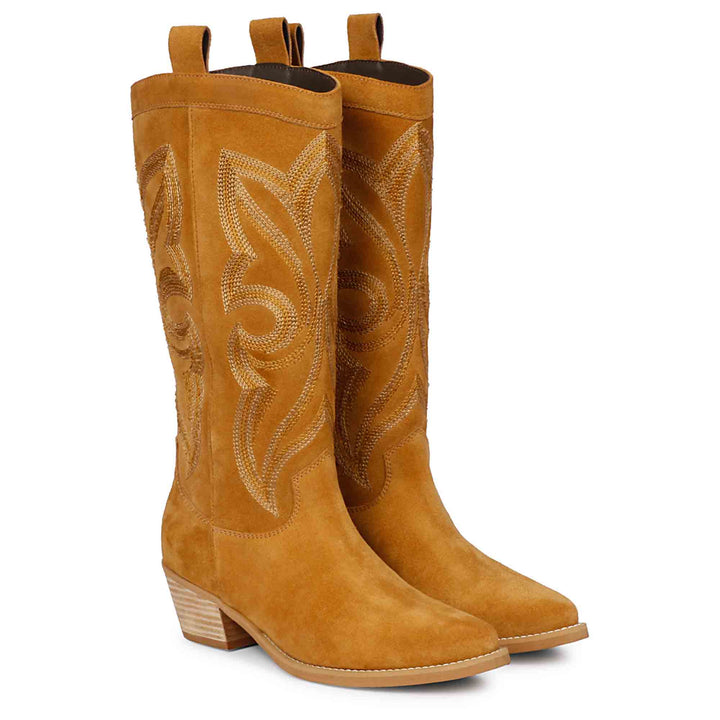 Tan Stitched Leather Handcrafted Cowboy Boots for women