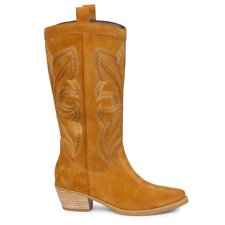 Tan Stitched Leather Handcrafted Cowboy Boots for women