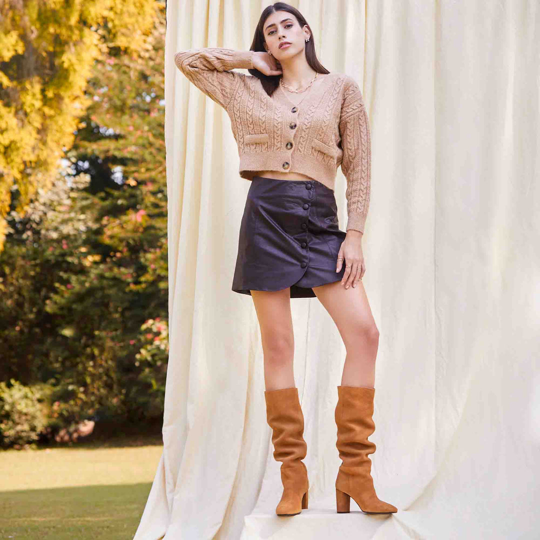 Saint Priscilla Tan Suede Leather Knee High Slouch Boots - SaintG India