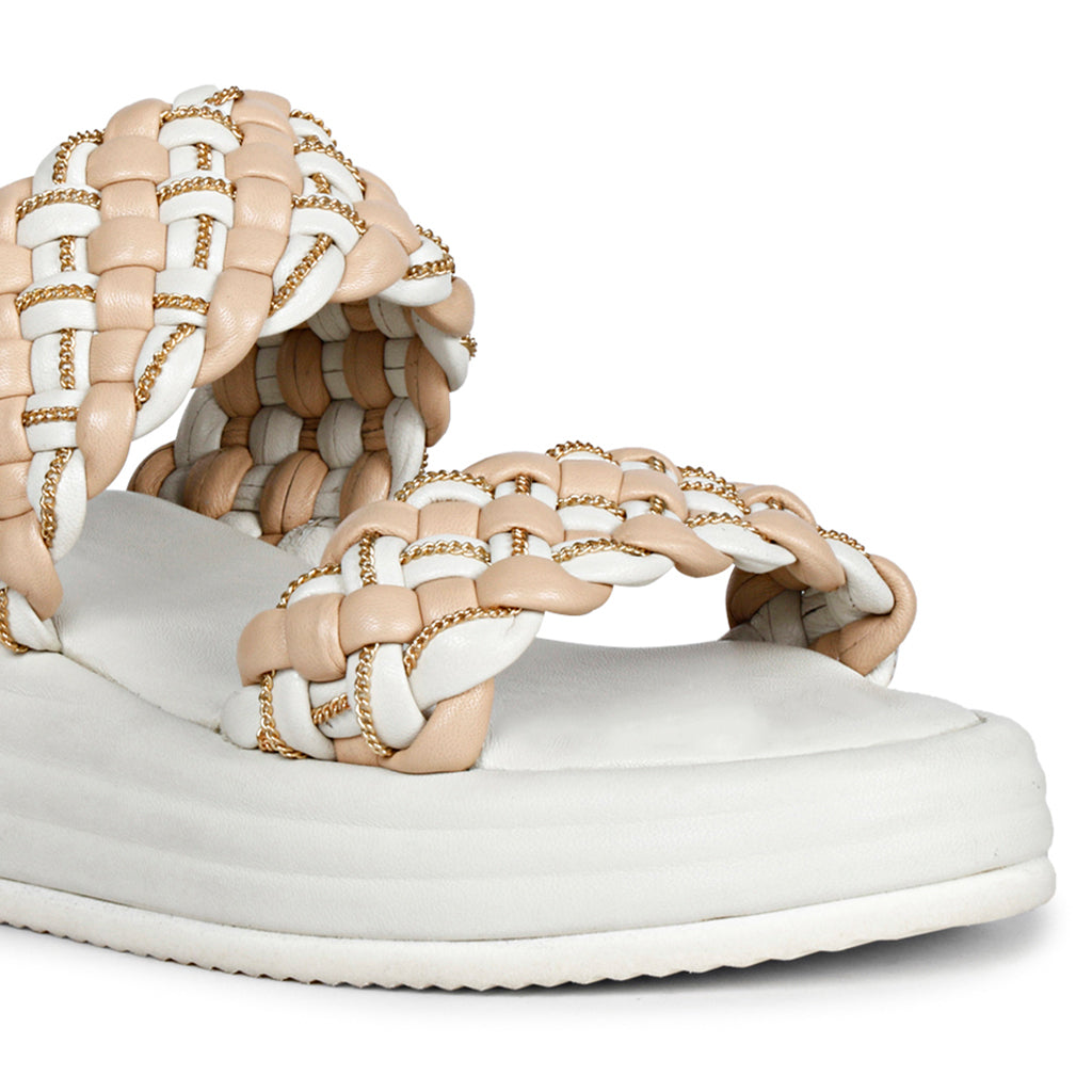 Saint Flurina Chain Embellished Beige Woven Leather Platform Sandals