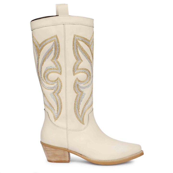 White Stitched Leather Handcrafted Cowboy Boots for women