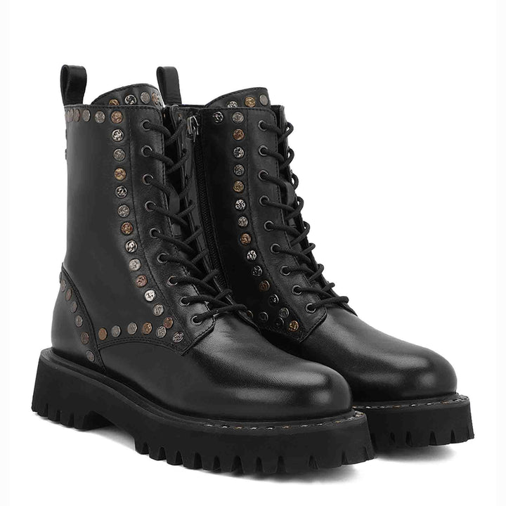 Saint Natalie Metal Studs Lace Up High Ankle Leather Boots