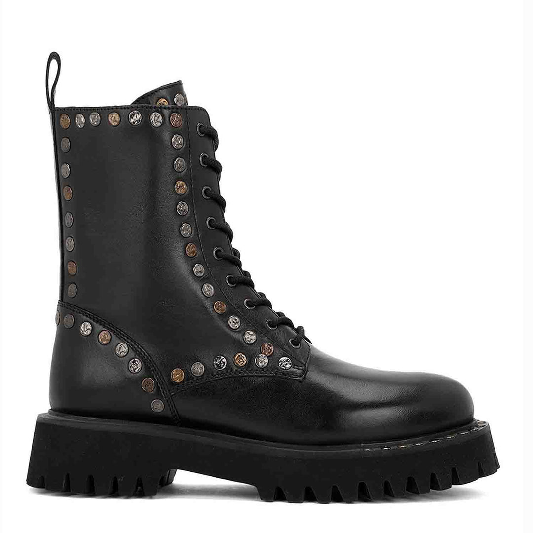 Saint Natalie Metal Studs Lace Up High Ankle Leather Boots