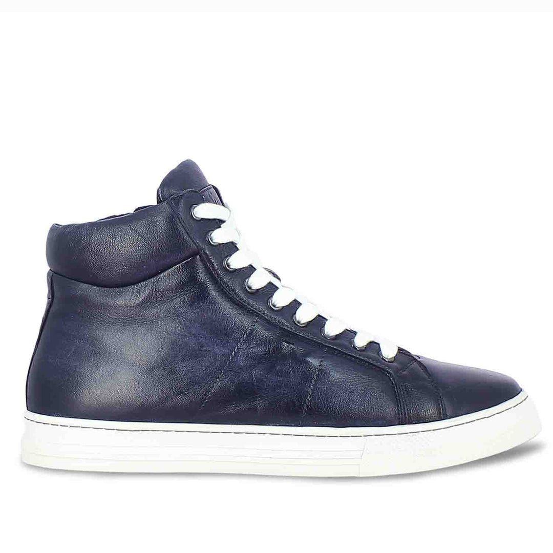 Blue Leather Handcrafted Sneakers for mens