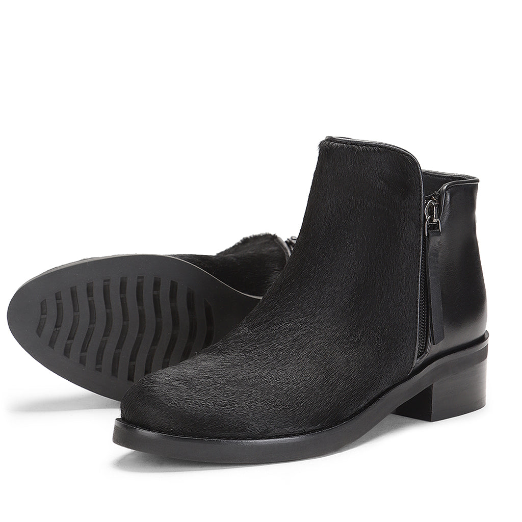Saint Genevria Black Pony Hair Leather Ankle Boots