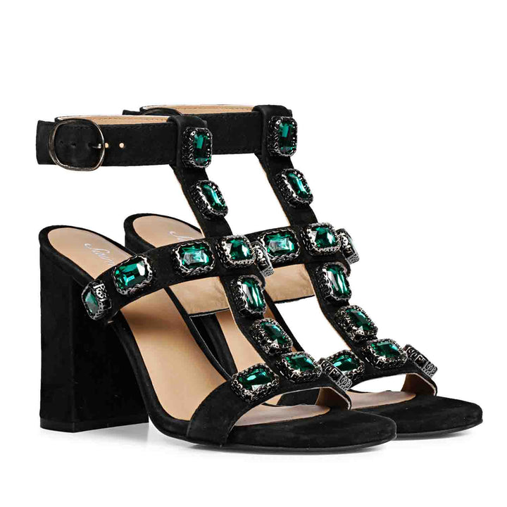 Saint Shirley Heels: Black Leather, Stylish Green Stone Embellishments