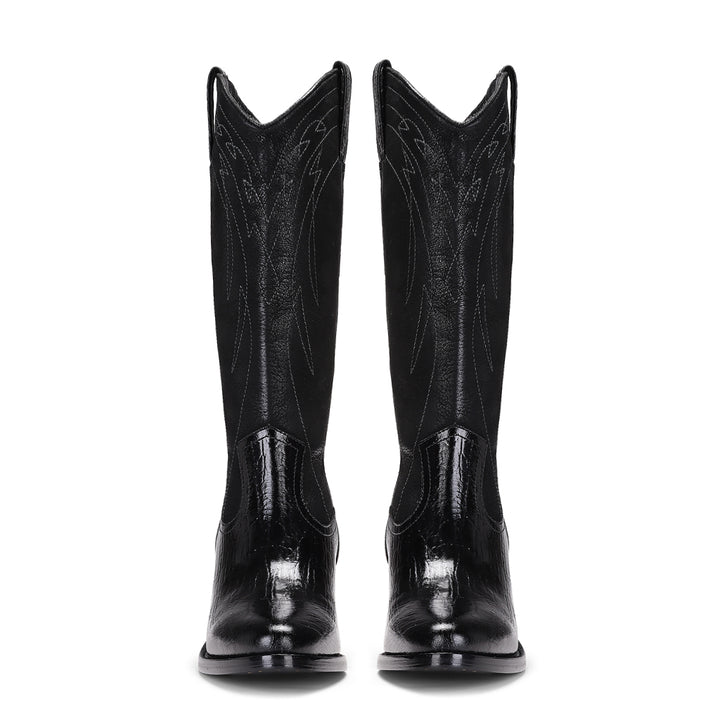 Saint Trinity Black Patent Leather cowboy Calf Length Boots - SaintG India