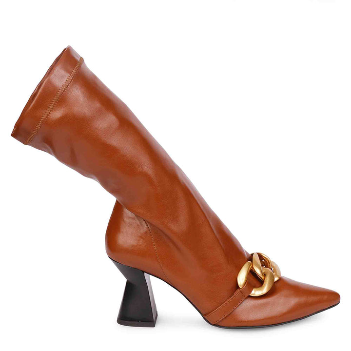 Sleek Saint Ealga Cuoio Boots with Gold Metal Chain - Stylish stretch napa calf boots for a bold fashion statement