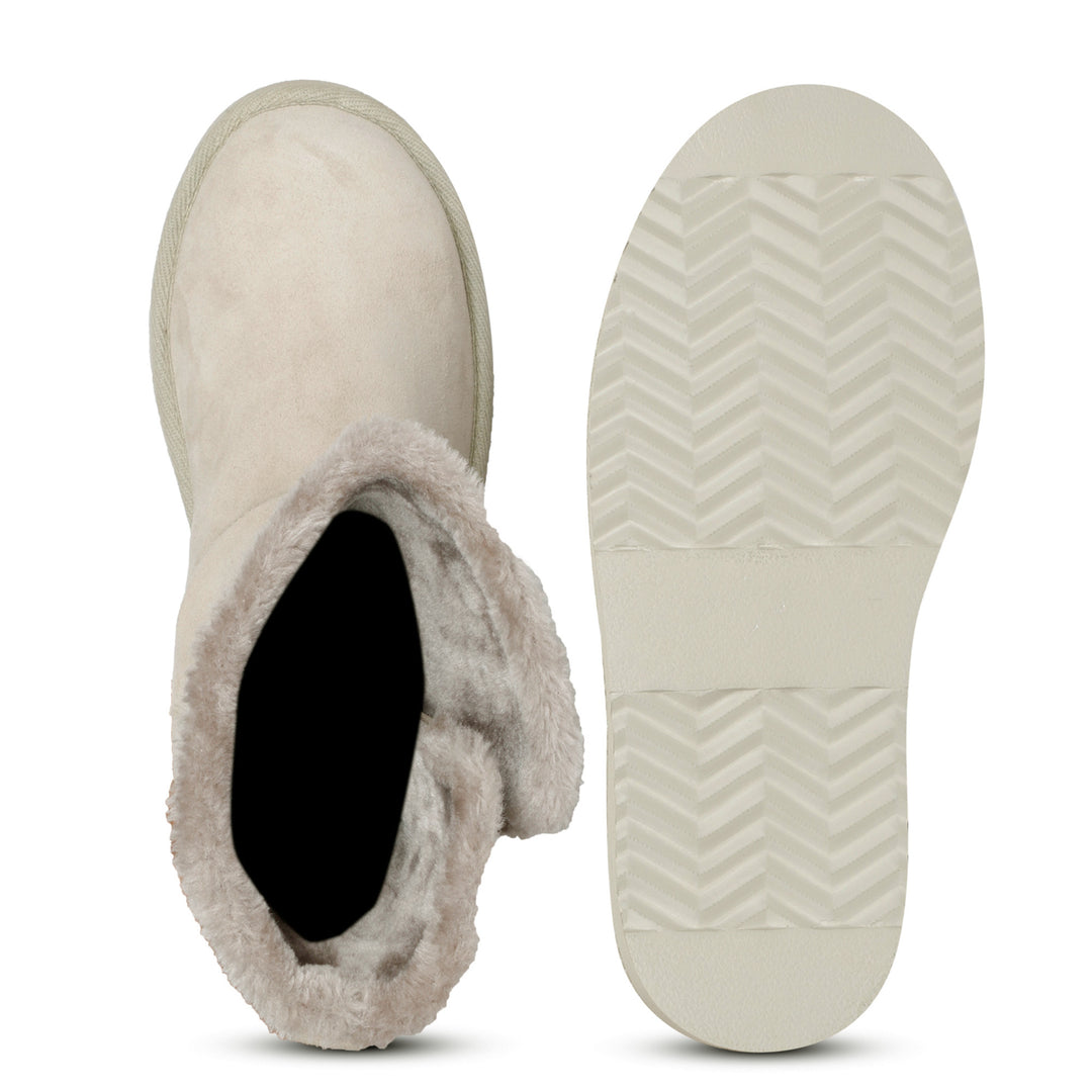 Saint Aurelia Buckle Decorative Ivory Suede Leather Snug Boots