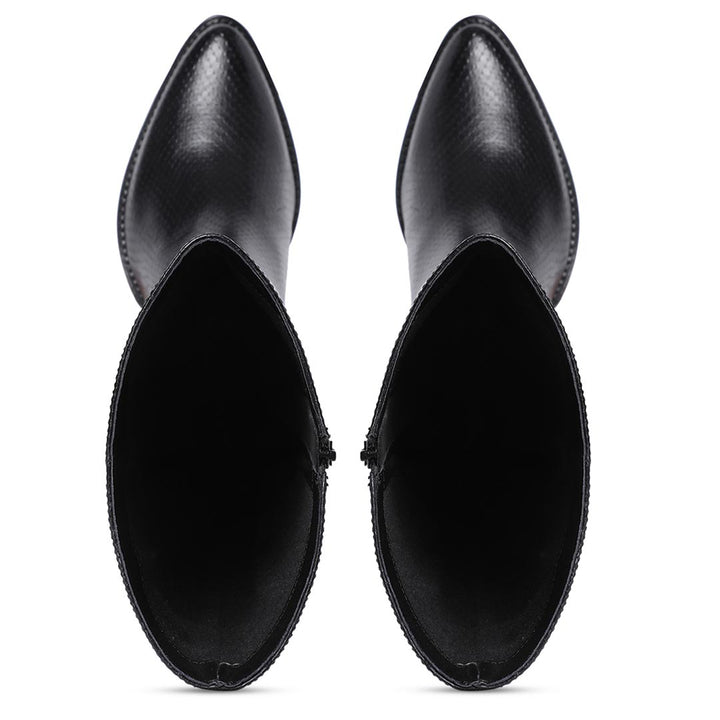 Saint Clochette Snake Embossed Black Leather Knee High Boots - SaintG India 