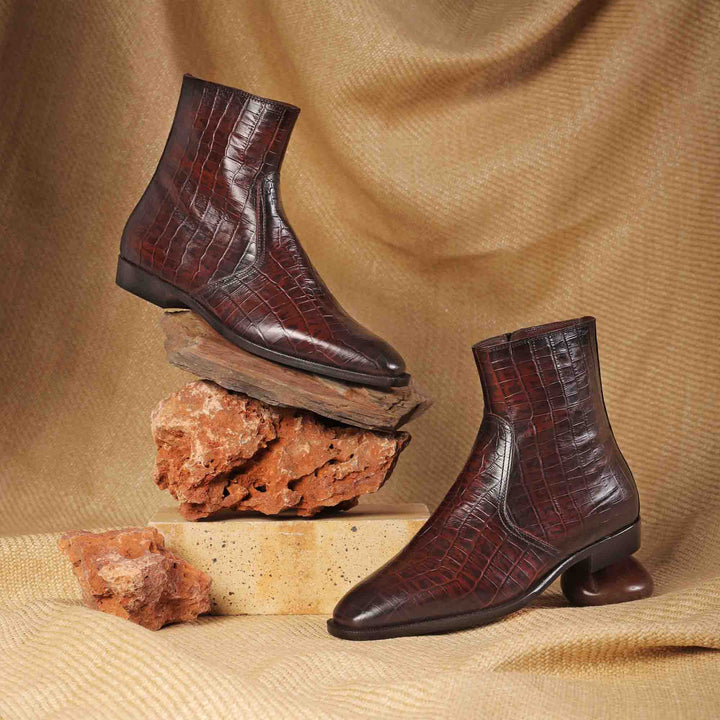 Saint Umberto Brown Croco Embossed Two Color Toned Leather High Ankle Boot With Set - SaintG India
