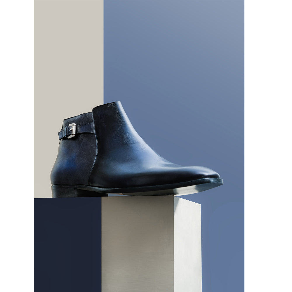 Saint Jace Dark Blue Two Color Toned Leather Ankle Boots With Set - SaintG India