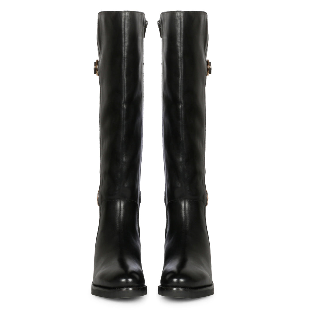 Saint Bijou Buckle Decorative Black Leather Long Boots