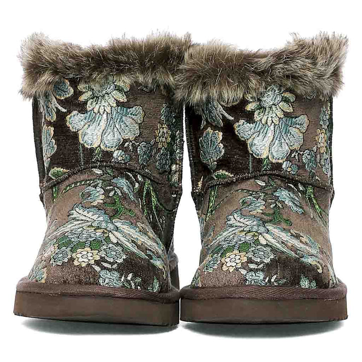 Saint Winifred Floral Embroidered Grey Fabric Snug Boots