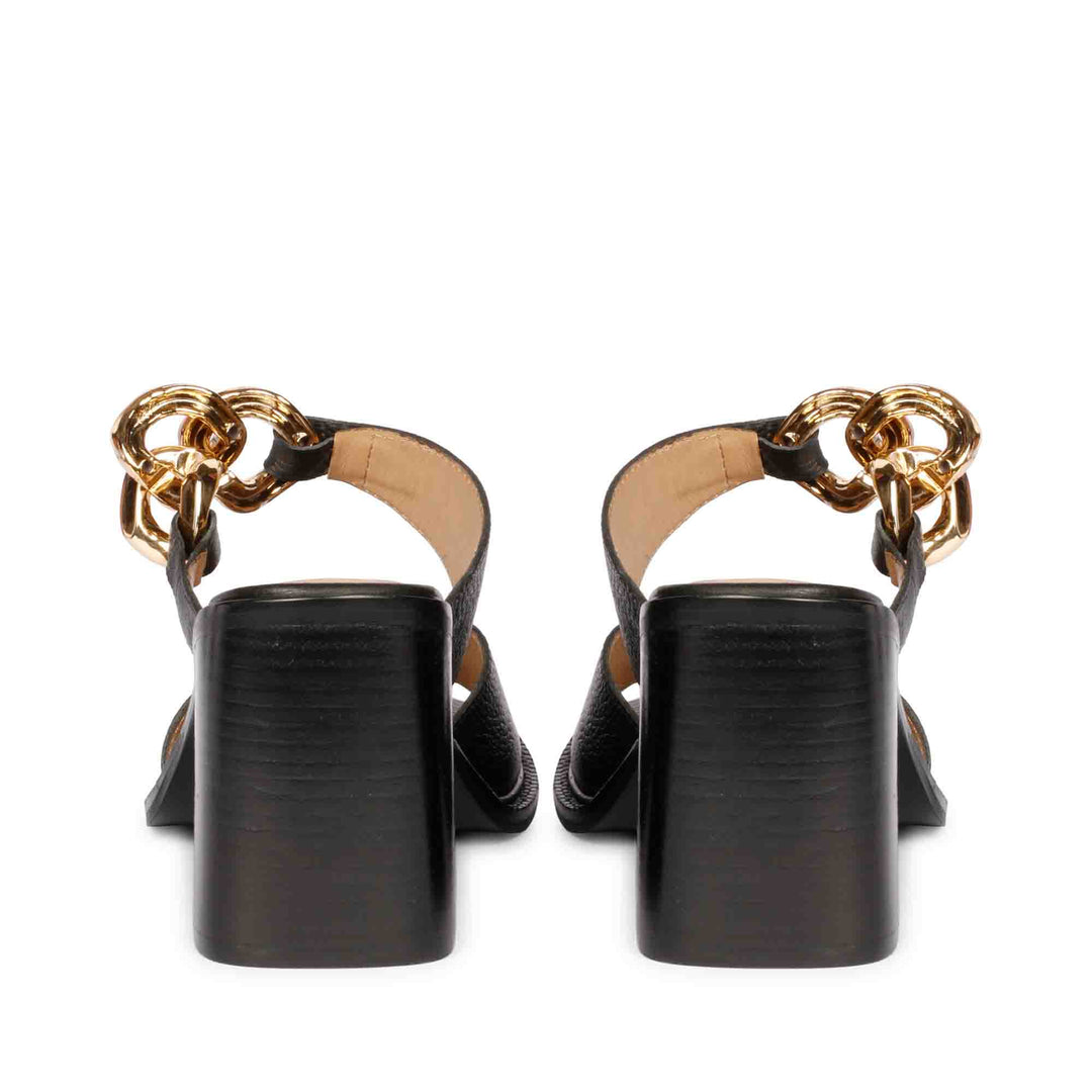 Saint Madrid Gold Chain Embellished Black Leather Block Heels