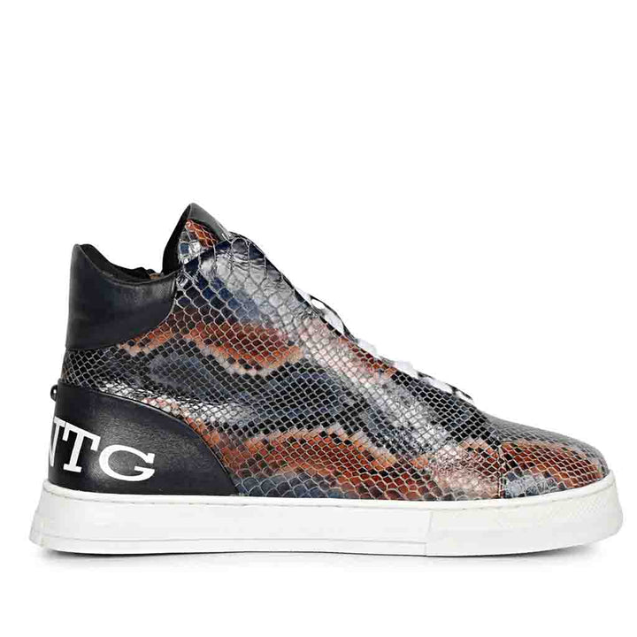Blue Snake Embossed Leather Sneakers for mens