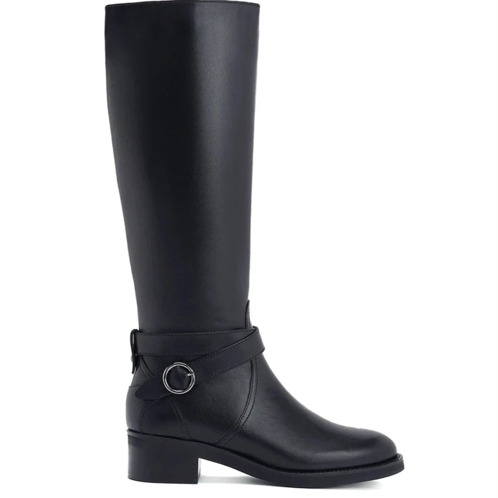 Saint Hermione Buckle Wrap Strap Black Leather Knee High Boots