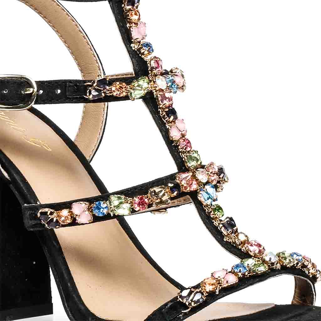 Gianni Ribbon Satin Cage Sandals Black,Gold | VERSACE IN