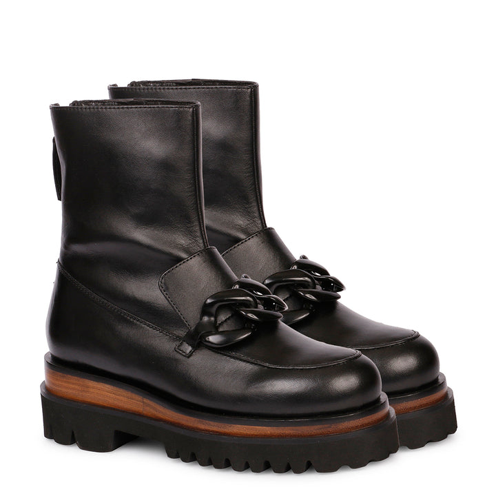Saint Ryanne Chain Link Décor Black Leather Ankle Boots