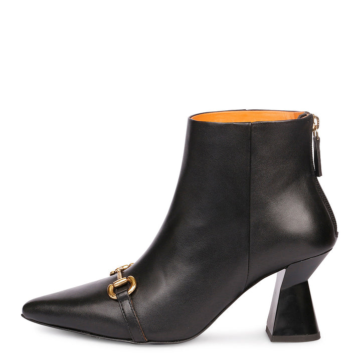 Saint Ashley Black Leather Gold Horsebit Décor Back Zip Boots