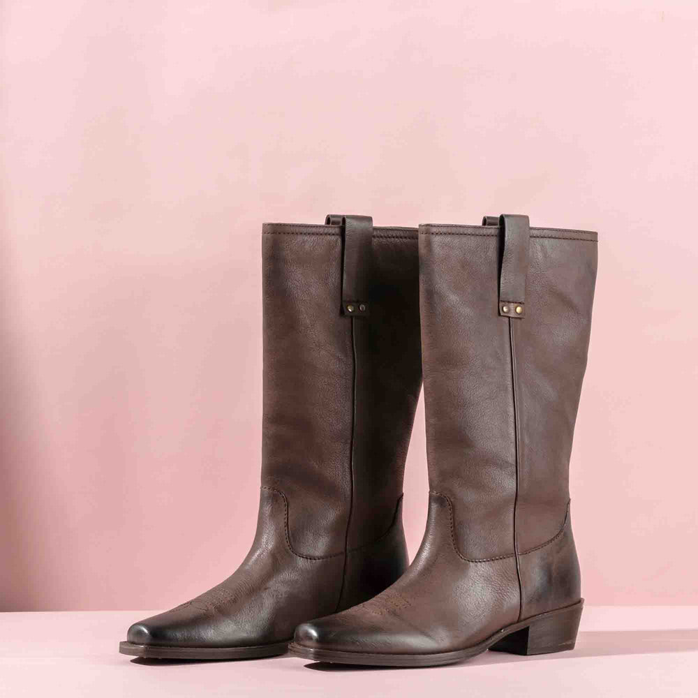Brown Leather Cowboy Calf Boots for women