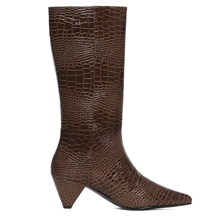 Croco Embossed Brown Calf Length Boots for women